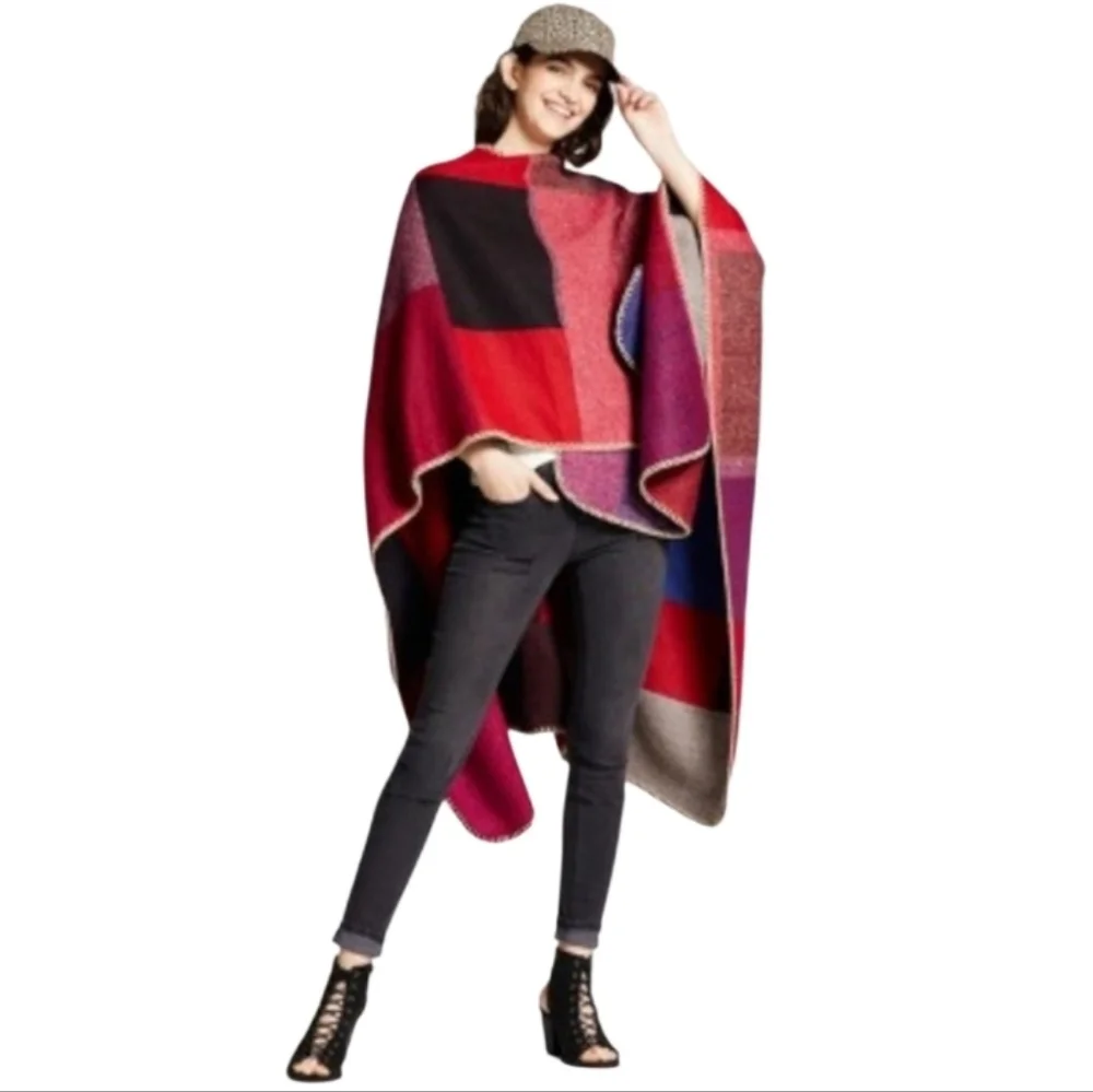 SYLVIA ALEXANDER Marled Raspberry Red Acrylic Poncho Ruana Wrap Scarf NEW NWT